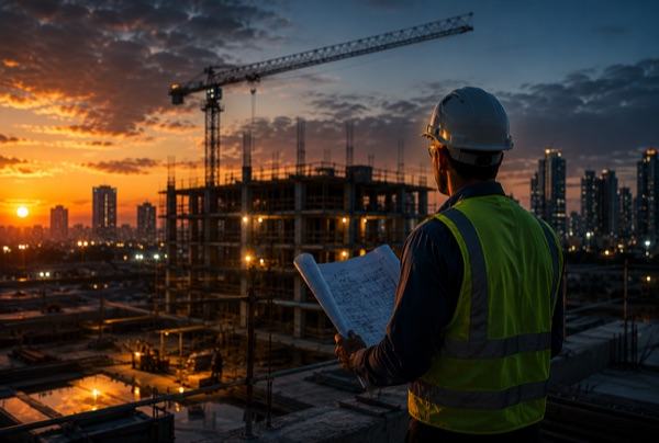 Profesional revisando planos frente a una obra en construcción al atardecer